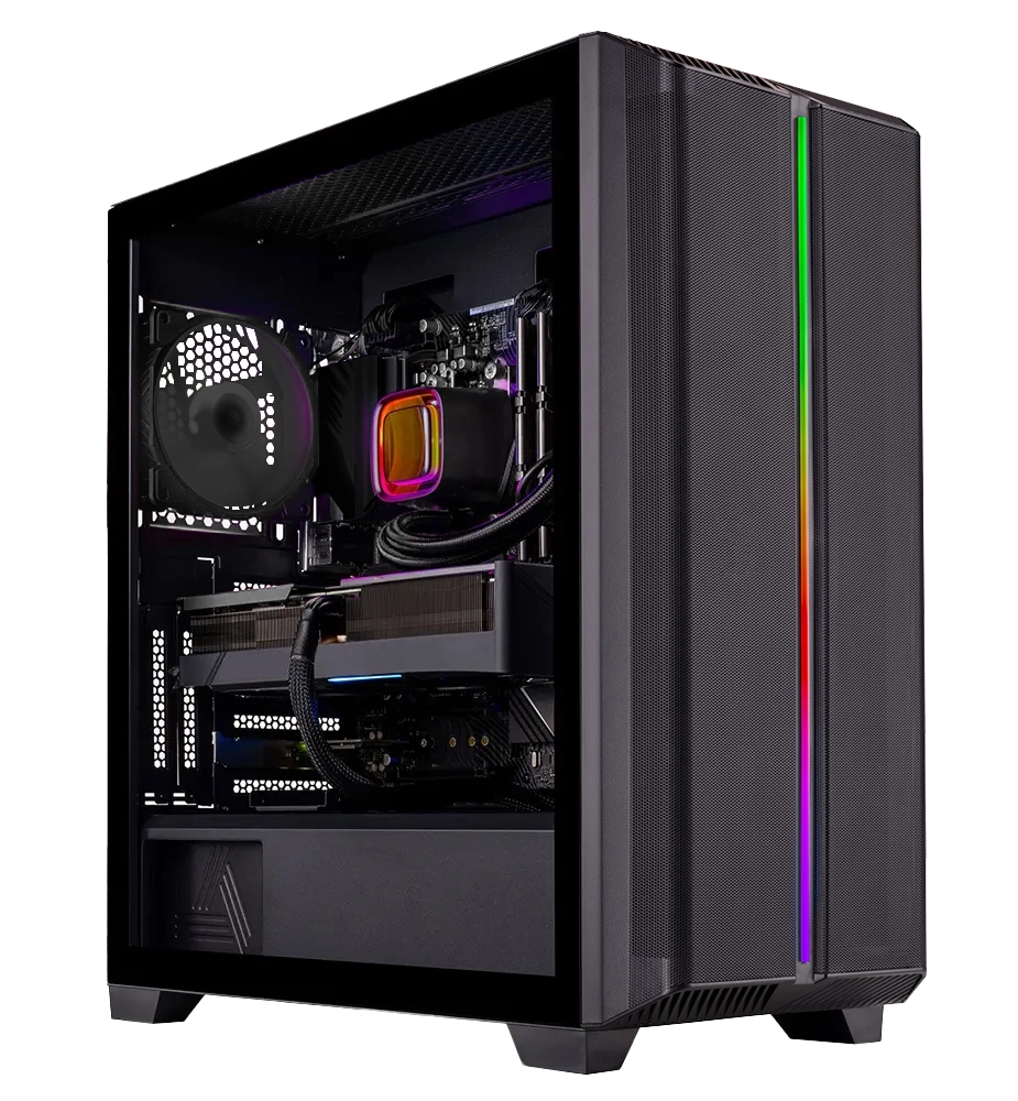 Skytech Siege 4 Gaming PC front view - Siege 4 Black case, Intel i7 13700F, Nvidia RTX 4060 Ti 8GB - Front View