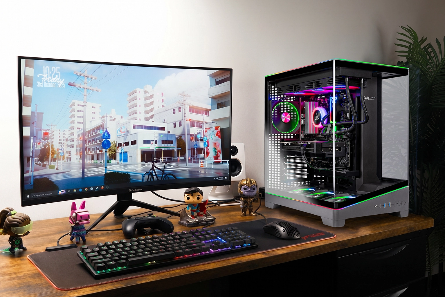 Harpy gaming PC setup on a wooden desk with a monitor,mouse,and keyboard.