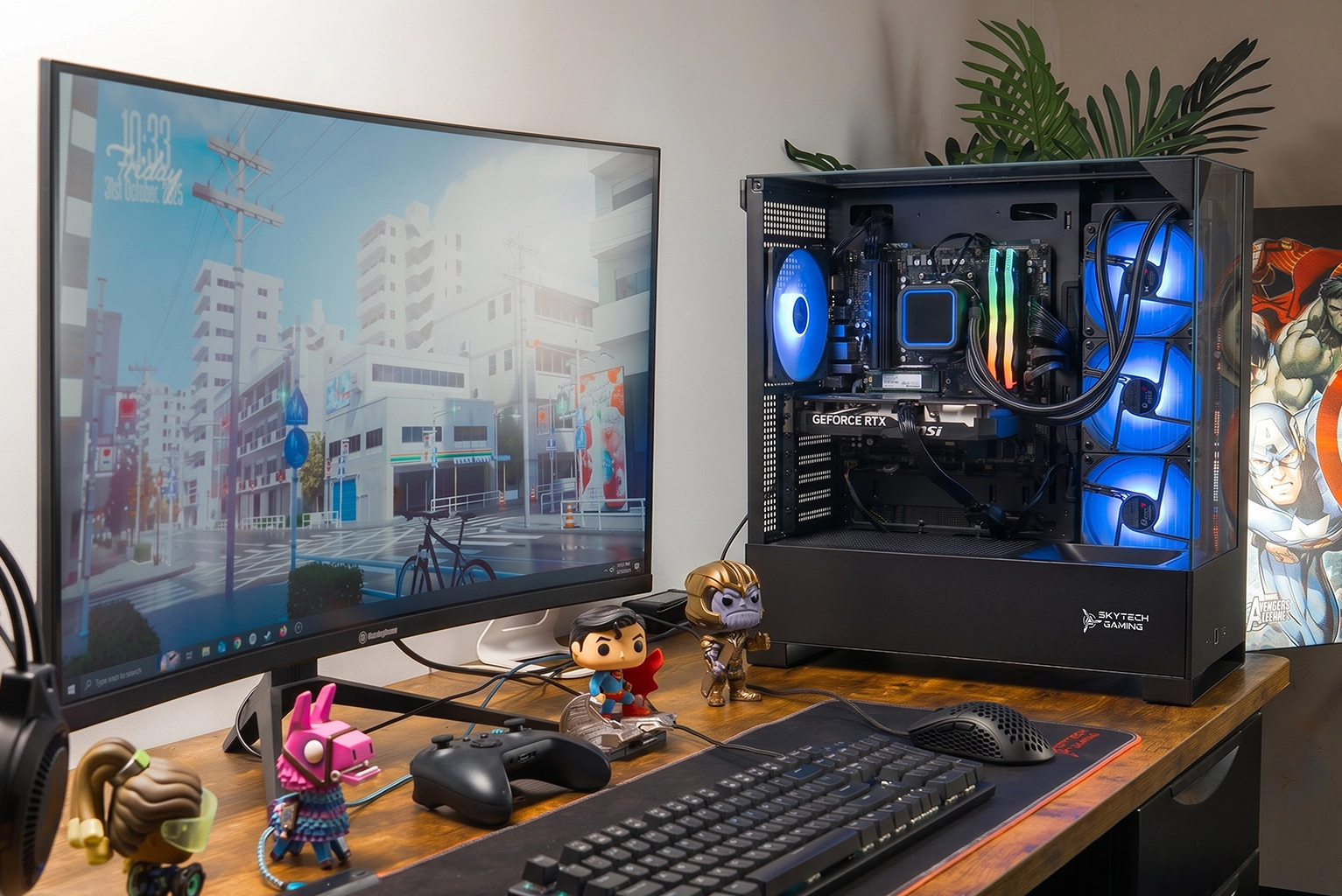 Shadow 5 Gaming PC setup on a wooden desk