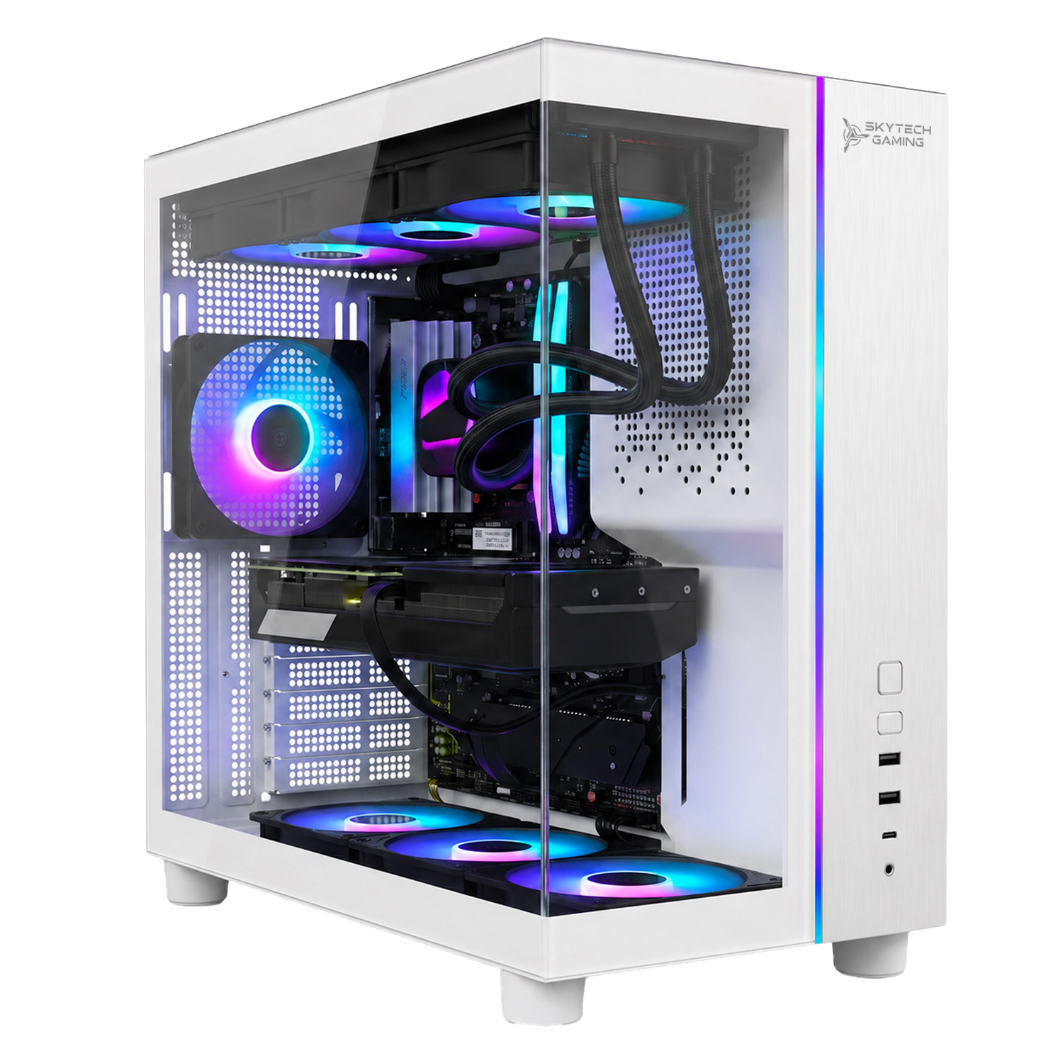 Skytech Tempest Gaming PC front view - Tempest White case, AMD R7 7800X3D, Radeon 9070 XT 16GB - Front View