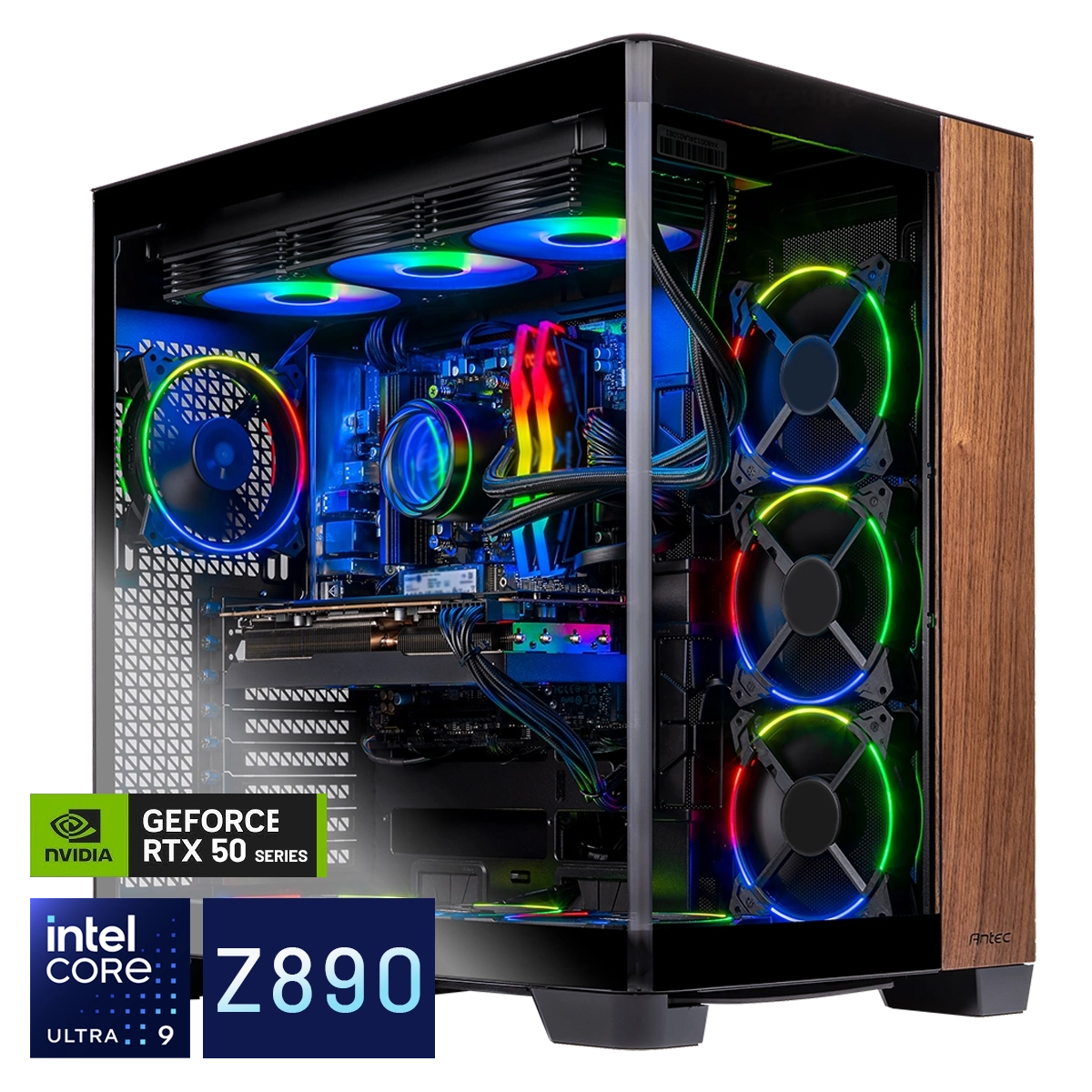 Skytech O11 Vision Gaming PC front view - O11 Vision Black case, Intel Ultra 9 285K, Nvidia RTX 5080 16GB - Front View