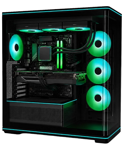 The ARGB lighting on the top rail, the bottom edge, and the PSU shroud.