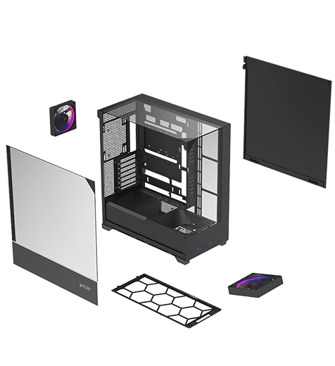Shadow 5's chassis combines SPCC steel construction with tempered glass panels