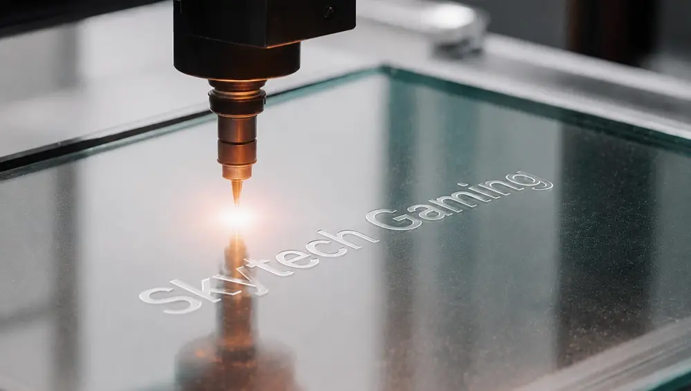 Skytech Gaming custom laser glass etching close-up