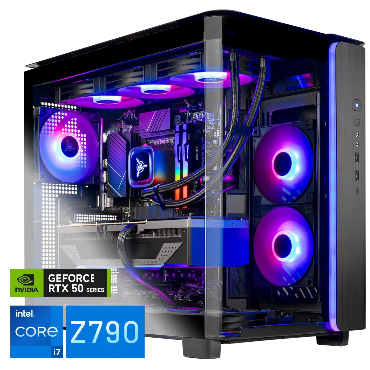 Skytech King 95 Gaming PC front view - King95 Black case, Intel i7 14700K, Nvidia RTX 5070 Ti 16GB - Front View