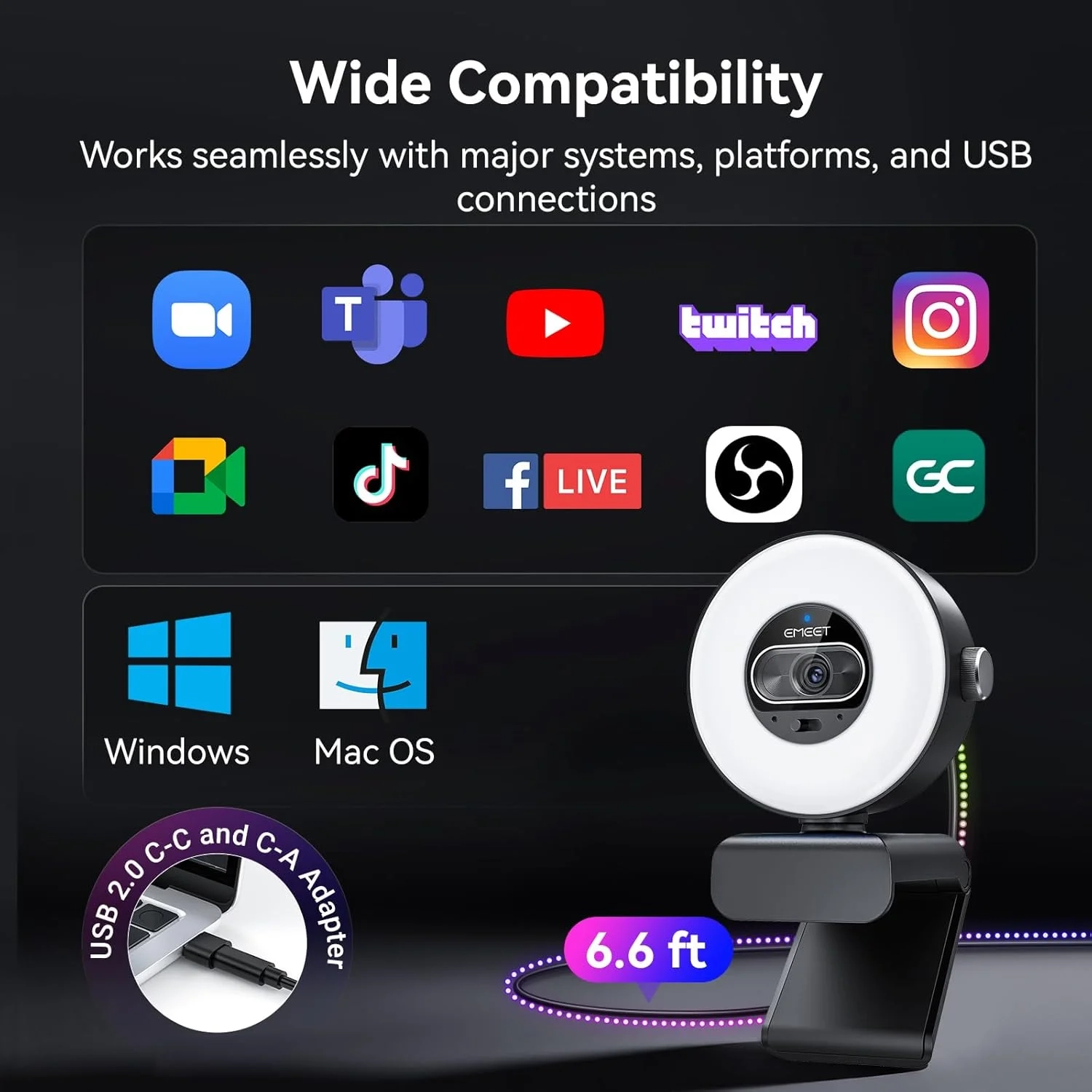 EMEET S600L 4K Webcam for Streaming with Ring Light, 4 Lighting Modes, Rainbow Effect, 1/2" Sensor, AI Imaging, 0.2S PDAF, 2 Mics, Dial Control, 4K Webcam with Light 
 - Thumbnail 3