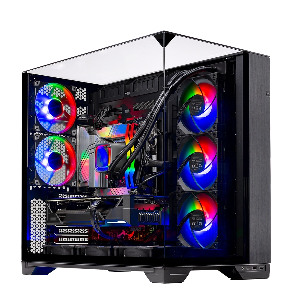 Skytech O11 Vision Gaming PC front view - O11 Vision Black case, AMD R7 9800X3D, AMD Radeon 9070 XT - Front View