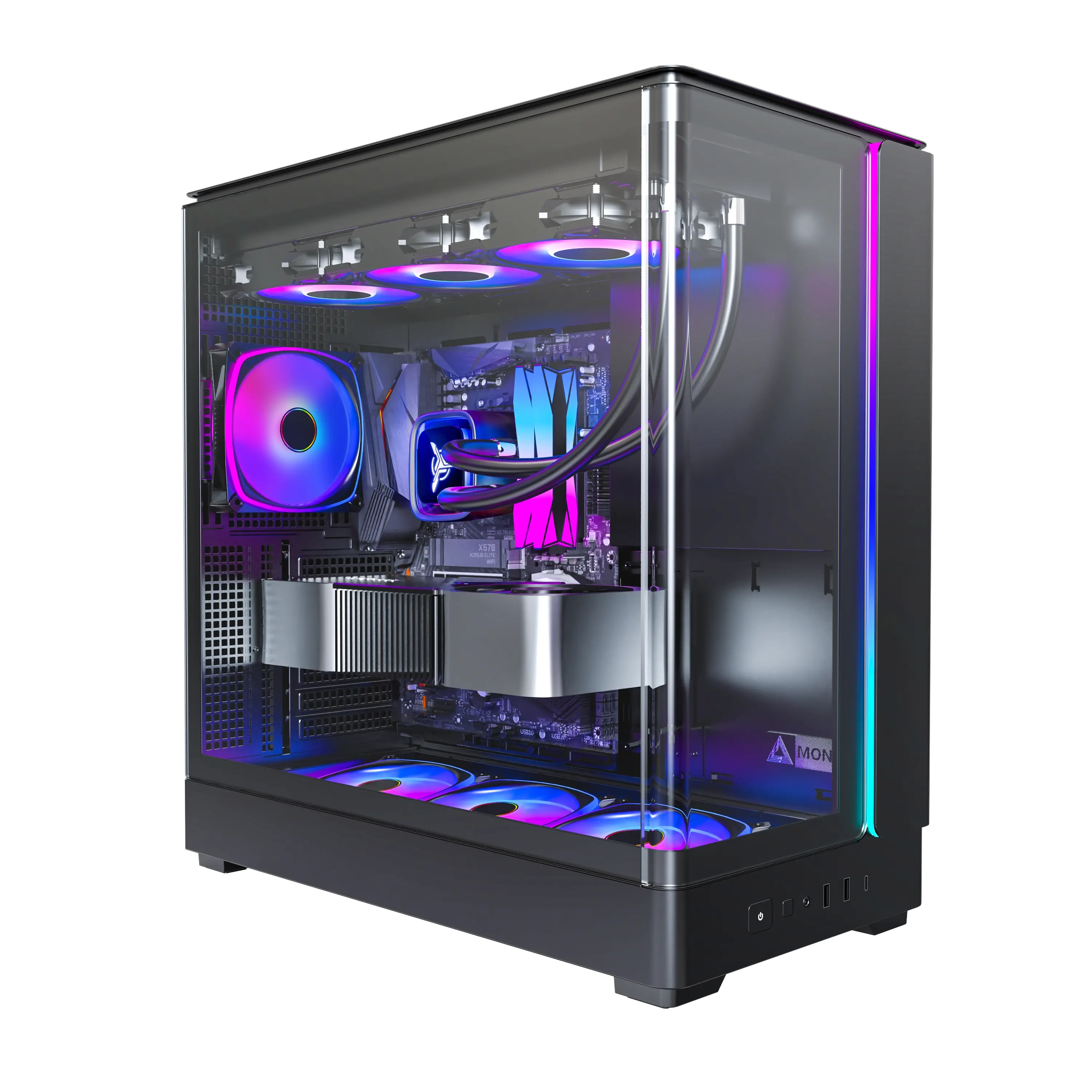 Skytech King 45 Gaming PC front view - Montech King 45 Black case, AMD R7 9800X3D, Nvidia RTX 5070 12GB - Front View