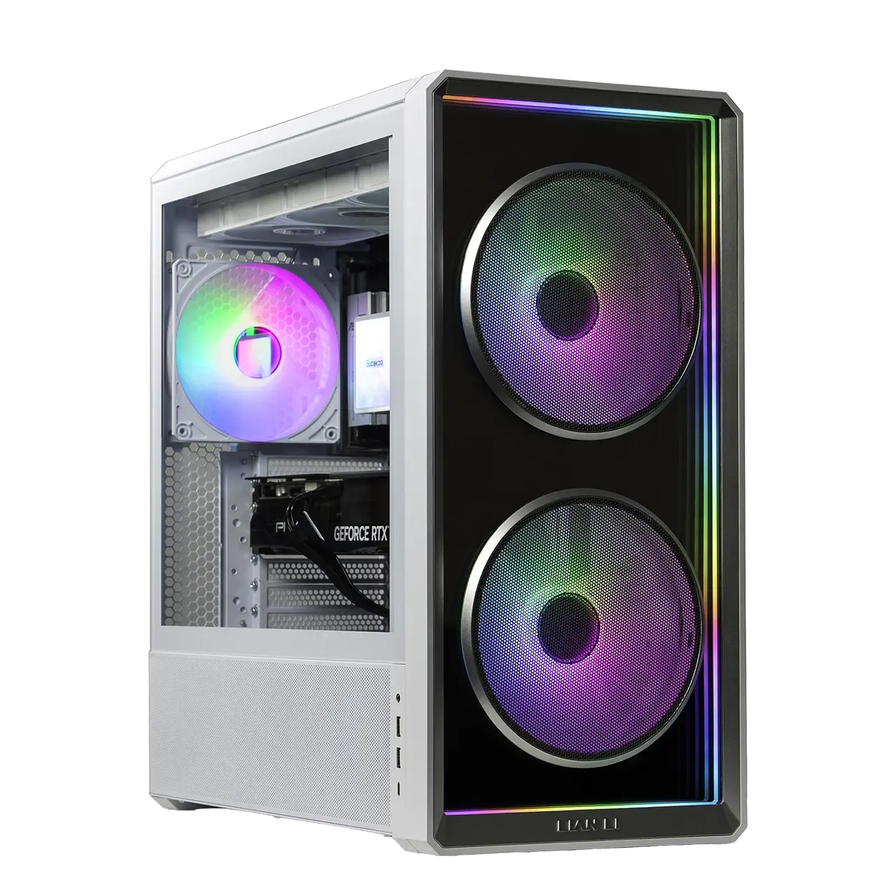Skytech Lunar Gaming PC front view - Lian-Li LANCOOL 217 Infinity White case, AMD R7 7800X3D, Nvidia RTX 5070 Ti 16GB - Front View