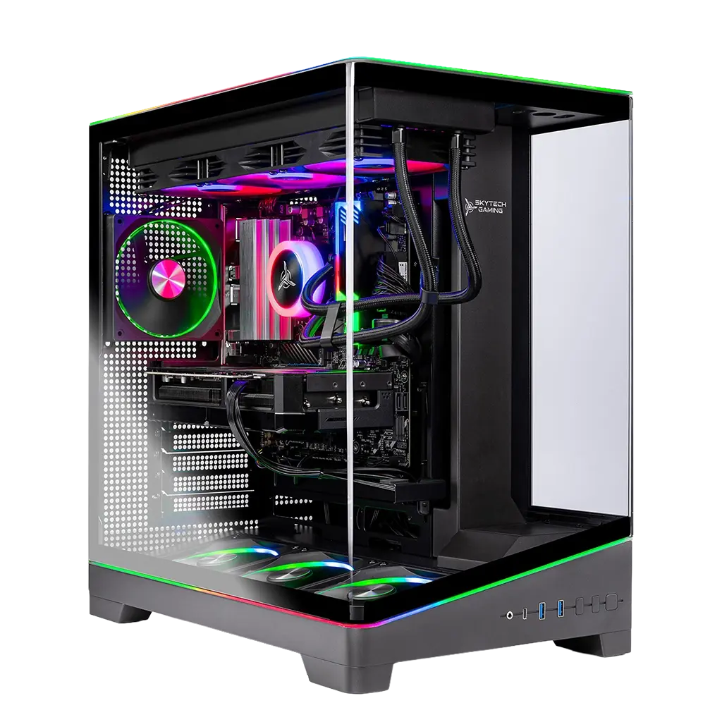 Skytech Harpy Gaming PC front view - Harpy Black case, AMD R7 9800X3D, Radeon 9070 XT 16GB - Front View