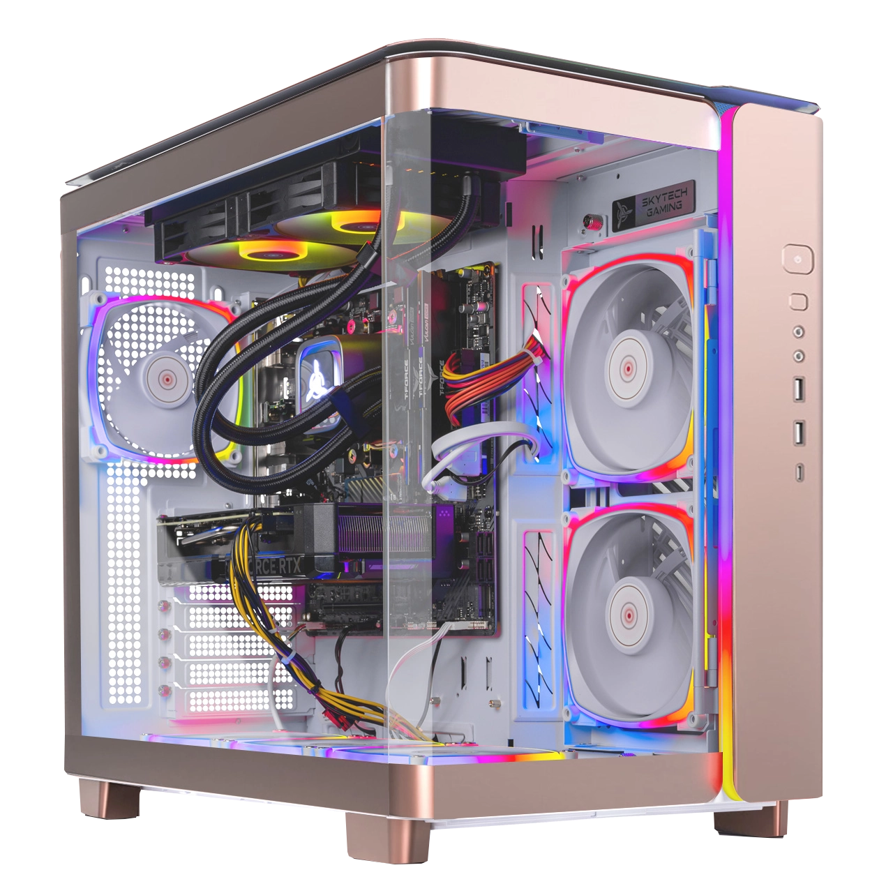 Skytech King95 Rosegold Gaming PC front view - King 95 Special Edition RoseGold case, AMD Ryzen 7 7700X, AMD Radeon 7800XT - Front View