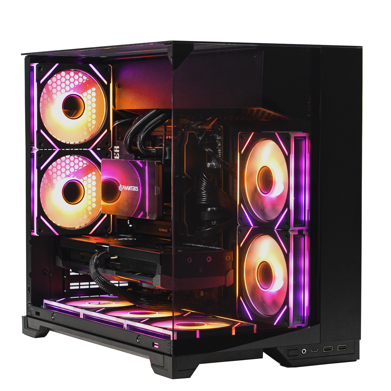 Skytech O11 Vision Mini Gaming PC front view - Lian-Li O11 Vision Mini Black case, AMD R7 9800X3D, MSI RTX 5070 TI 16GB - Front View