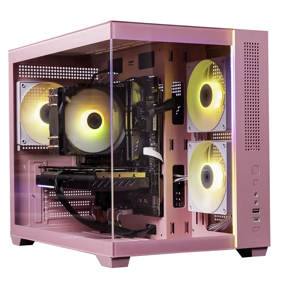 Skytech Aurora Gaming PC front view - Skytech Aurora Pink case, Intel i5 14400F, Nvidia RTX 5060 - Front View