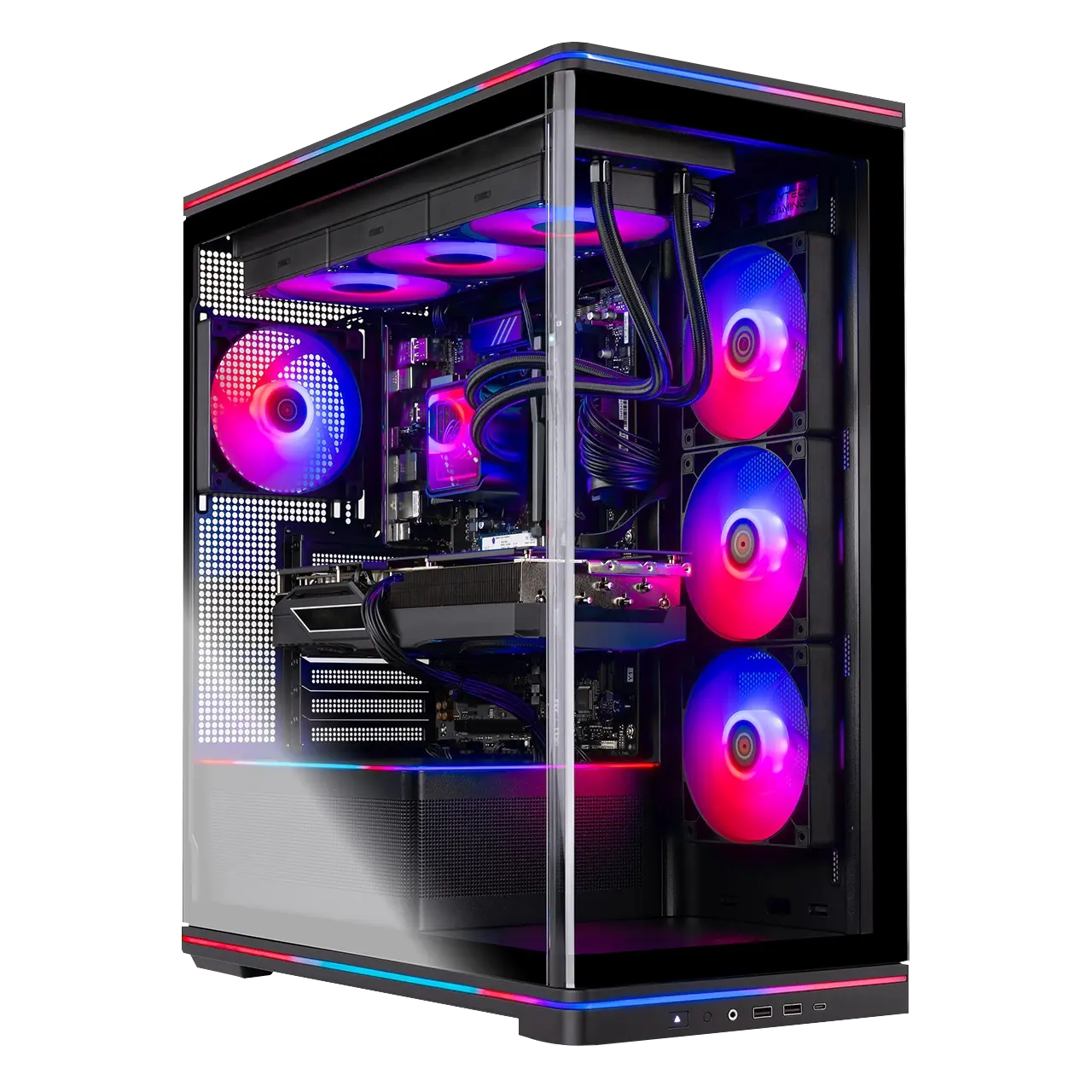 Skytech Blaze 5 Gaming PC front view - Blaze 5 Black (Montech TG3 Skytech Edition case, AMD Ryzen 7 7800X3D, Nvidia RTX 5070 12GB - Front View