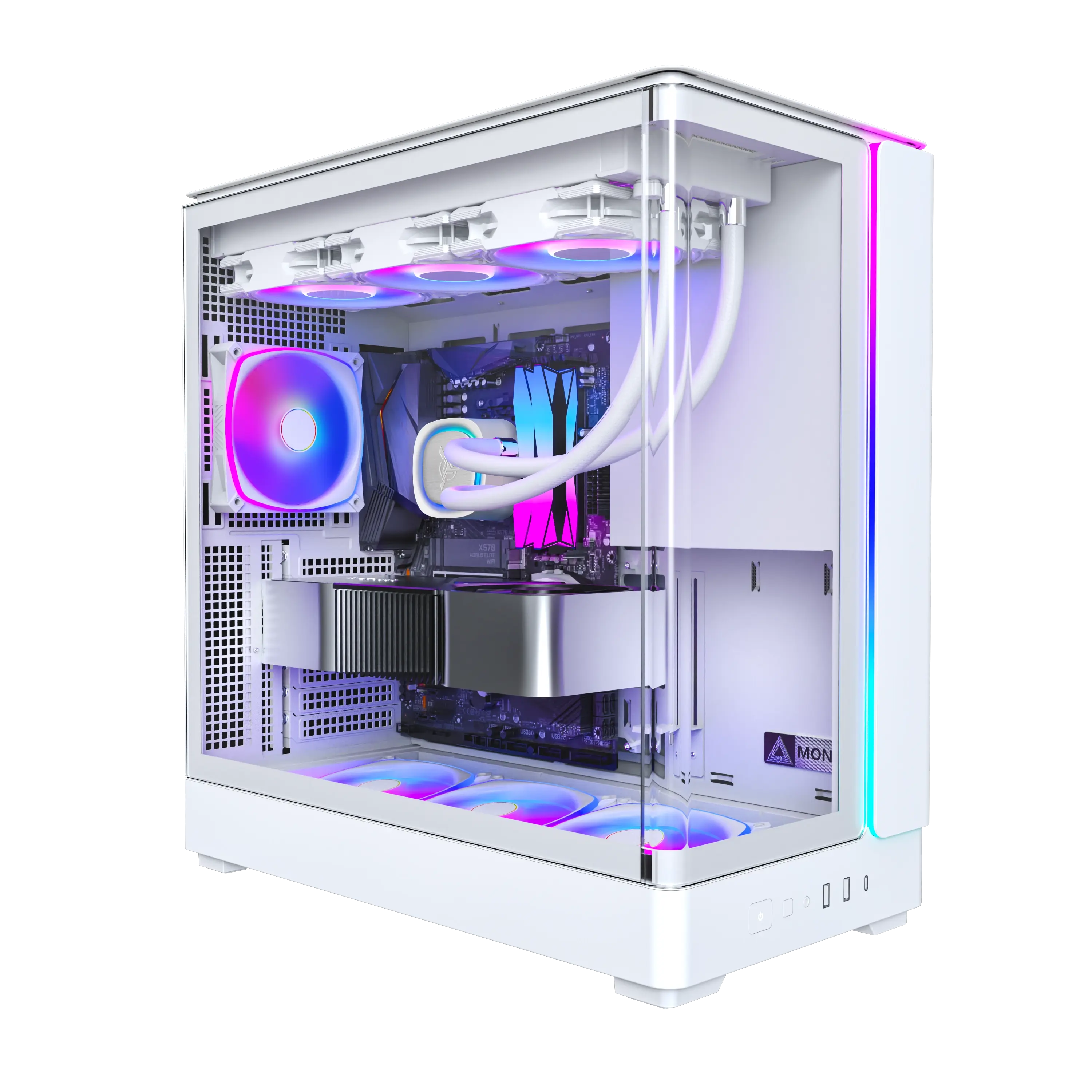 Skytech King 45 Gaming PC front view - Montech King 45 White case, AMD R7 9850X3D, Nvidia RTX 5080 16GB - Front View