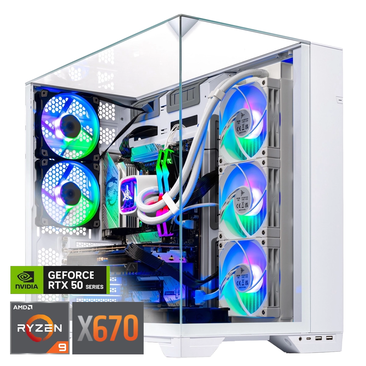 Skytech O11 Vision Gaming PC front view - O11 Vision White case, AMD R9 9900X, Nvidia RTX 5090 32GB - Front View