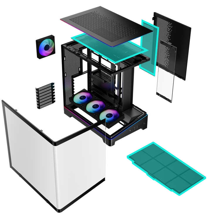 Equipped with dust filters on the top, side, and bottom,and a tool-free side panel clasp for instant access.