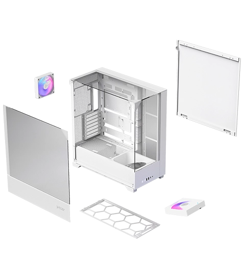 The chassis combines SPCC steel construction with tempered glass panels